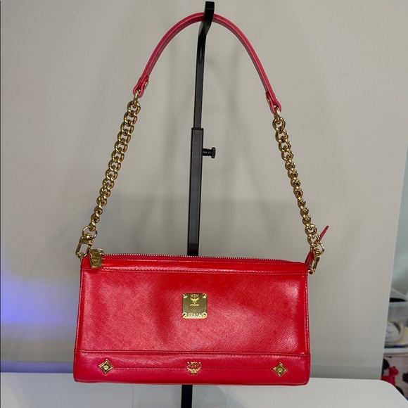 MCM Handbags - MCM Red Leather Shoulder Bag with Gold Chain